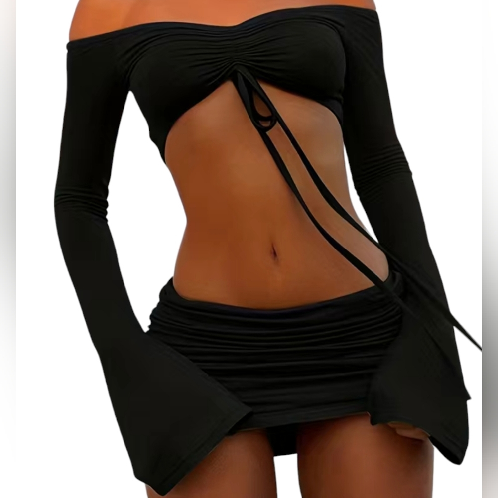 Y2K Black Two-piece Set, Drawstring Crop Top & Ruched Bodycon Skirt Outfits